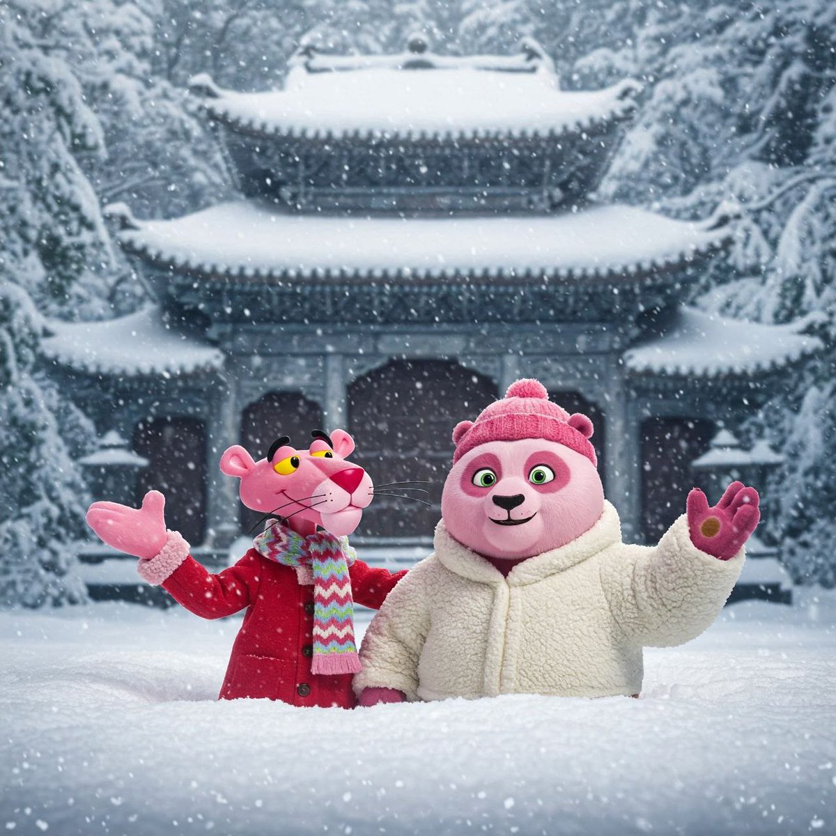 PinkPandaaCoin's tweet photo. **"The temple is covered in snow, and Panther and Panda are ready to play! 🐆❄️🐼  
With their winter coats on, they’re building snow pandas and having the time of their lives.  
Even in the cold, their friendship keeps the jungle warm. 🌿💖
#PinkPanda #WinterVibes #CryptoFun"** https://t.co/GgM7wm5RNW