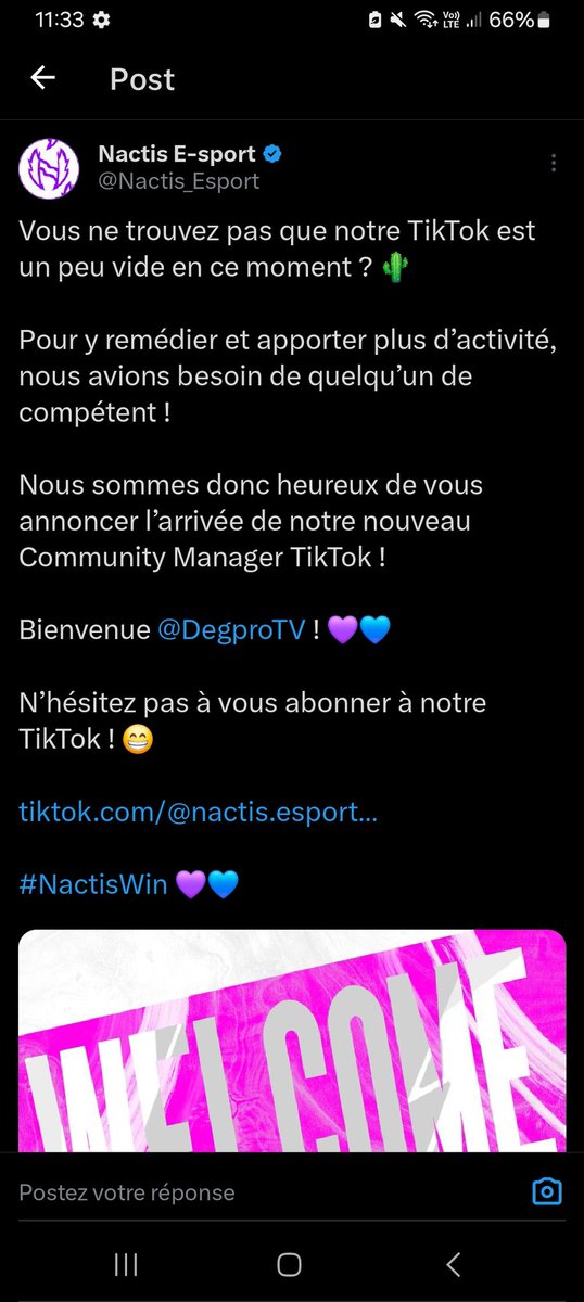 Ravis de rejoindre cette équipe qui est la @Nactis_Esport. Je donnerais le meilleur de moi même pour aider cette structure à s'améliorer sur tiktok. Nactis forever