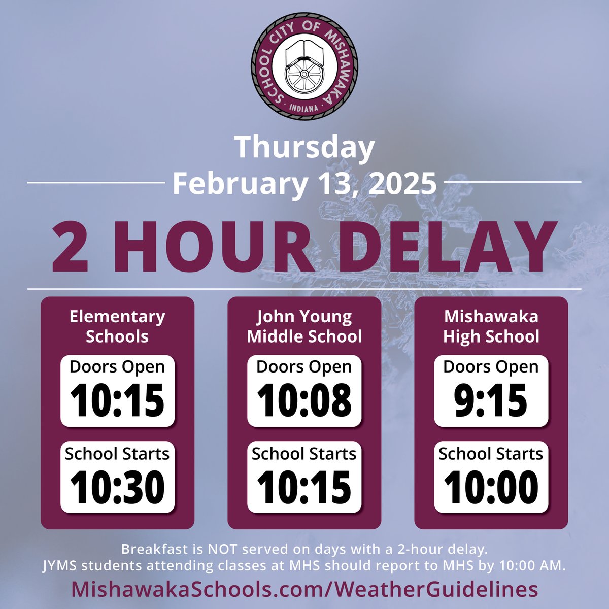 SCM Schools (@scmschools) on Twitter photo Due to inclement weather, all School City of Mishawaka schools are on a 2-hour delay today, February 13, 2025. Visit MishawakaSchools.com for more information about 2-hour delays. Due to inclement weather, all School City of Mishawaka schools are on a 2-hour delay today, February 13, 2025. Visit MishawakaSchools.com for more information about 2-hour delays.