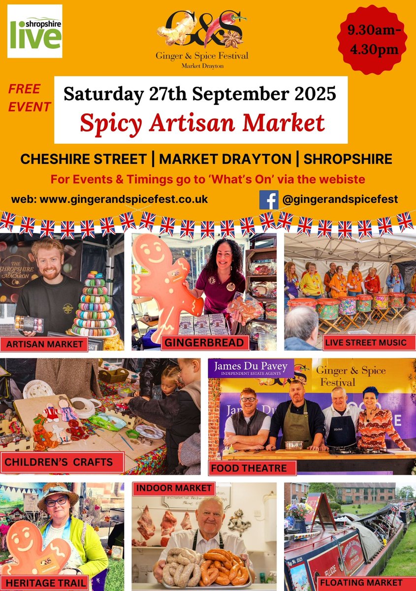 The Ginger &amp; Spice Festival returns to Market Drayton on Sat 27th September 2025! ✨

Expect a day filled with delicious food, cultural celebrations, live entertainment, and artisan markets!

📅 Date: Saturday 27 Sept 25
📍 Location: Market Drayton

More details soon—stay tuned!
