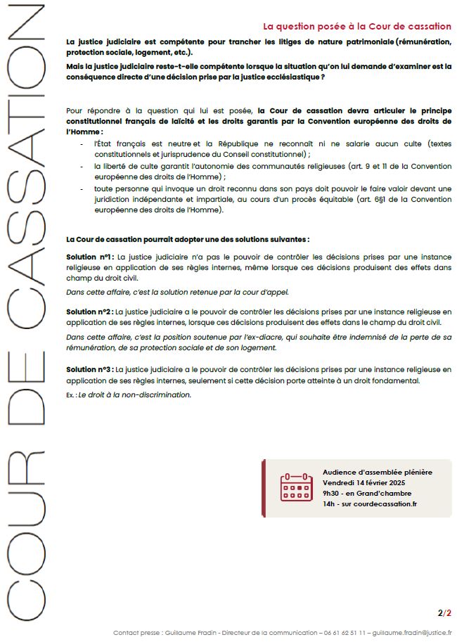 Courdecassation's tweet photo. 🏛[Audience filmée] Vendredi à 9h30 > Le juge judicaire peut-il contrôler la décision prise par l’Église de renvoyer un diacre, lorsque cette sanction induit une perte de rémunération, de protection sociale et de logement ? 
💡Les enjeux de l'audience > https://t.co/FOh2u1d8vC https://t.co/6oglldaNa3