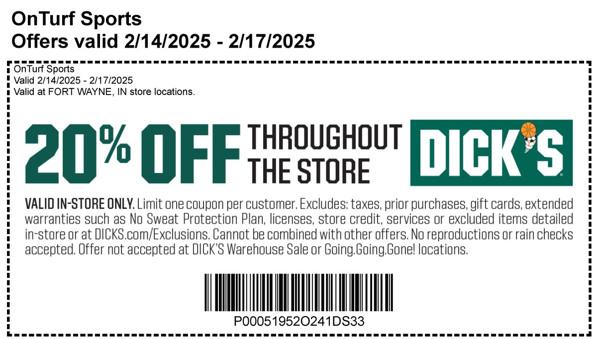 OnTurfSports's tweet photo. It's Here! DICK'S Sporting Goods 20% OFF exclusive shop event this weekend Friday, February 14, 2025 through Monday, February 17, 2025 at the Fort Wayne Stores. Use the coupon for your purchase! #everyseason #startsatDSG https://t.co/hyIL713i04