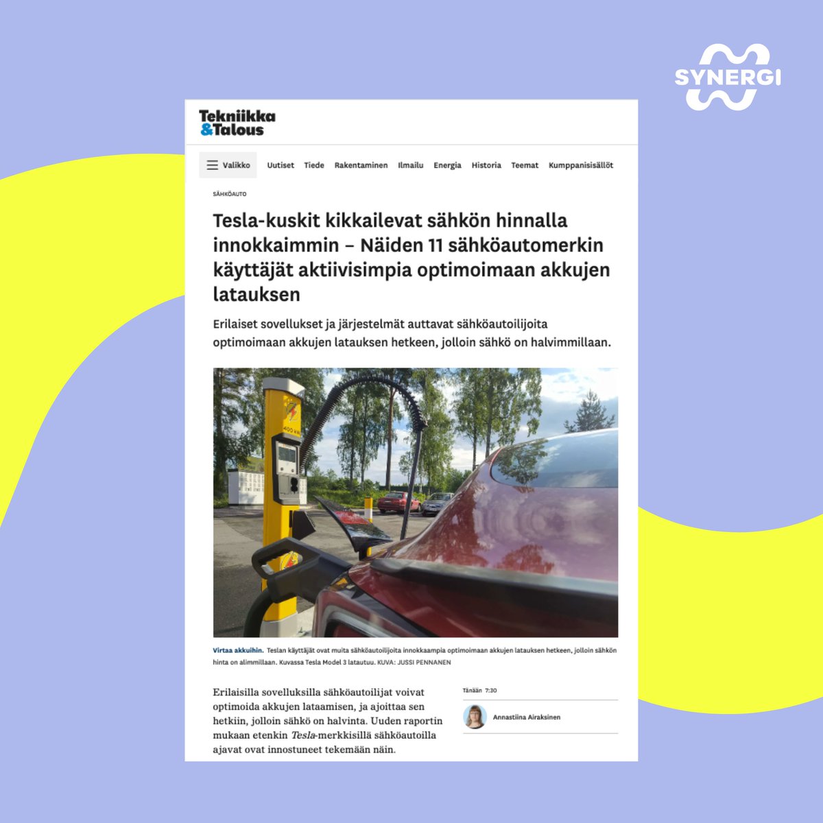 Synergi (@joinsynergi) on Twitter photo Did you notice that we were featured in
<a href="/tekniikkatalous/">tekniikkatalous</a>?👀
Read the article to get the latest scoop about Synergi: tekniikkatalous.fi/uutiset/tesla-…
#sähköauto #pörssisähkö #älylataus #sähkö #sähköverkko #Suomi #smartcharging #smartenergy #tesla #volkswagen Did you notice that we were featured in
<a href="/tekniikkatalous/">tekniikkatalous</a>?👀
Read the article to get the latest scoop about Synergi: tekniikkatalous.fi/uutiset/tesla-…
#sähköauto #pörssisähkö #älylataus #sähkö #sähköverkko #Suomi #smartcharging #smartenergy #tesla #volkswagen