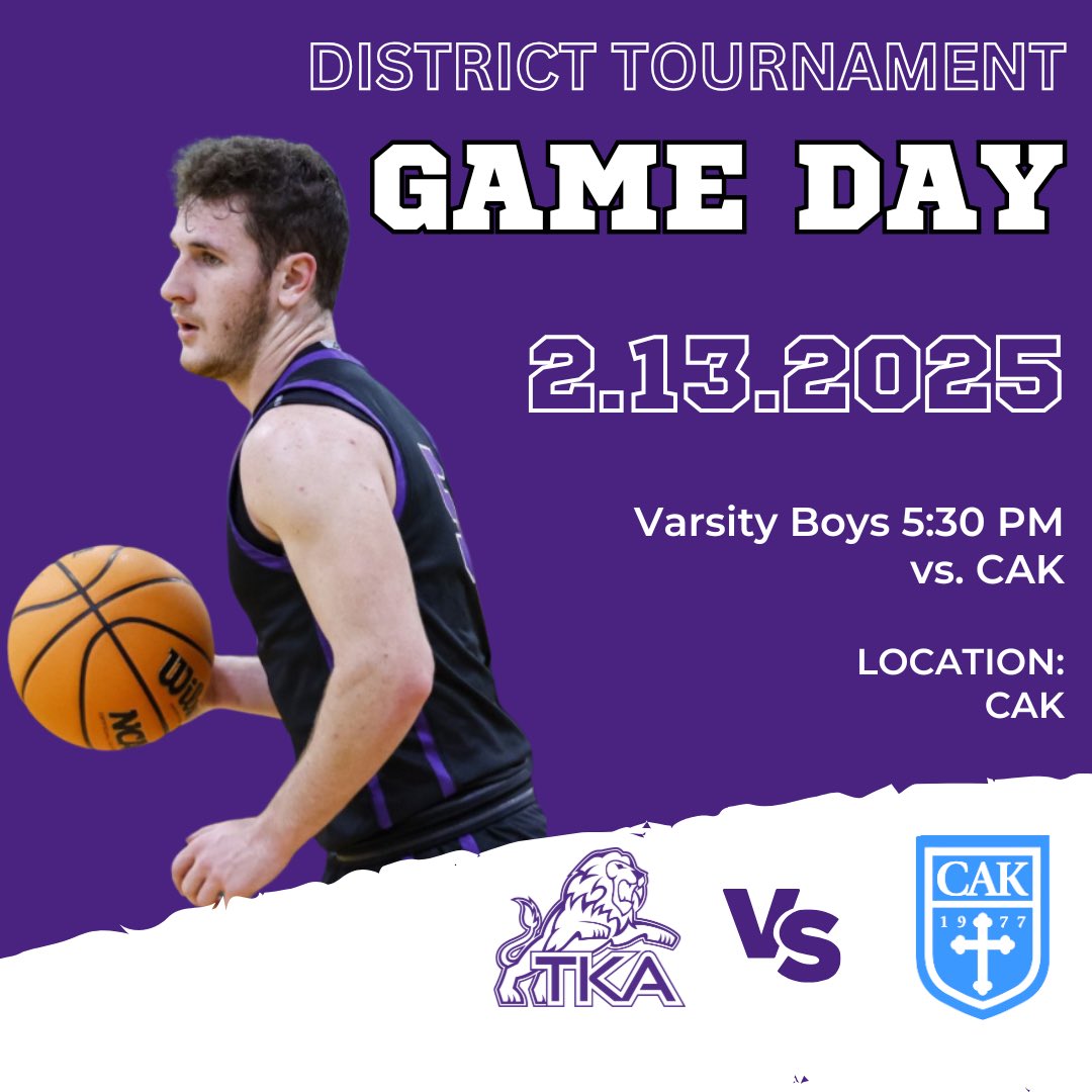 It’s District Tournament time!! <a href="/TKA_Lions_Hoops/">TKALionsBasketball</a> will travel to CAK for the semifinal round of the district tournament tonight against CAK. Tip-off is set for 5:30 p.m. with the varsity girls game at 7:00 p.m. Come out tonight and cheer on your Lions!!
#LadyLionsFamily