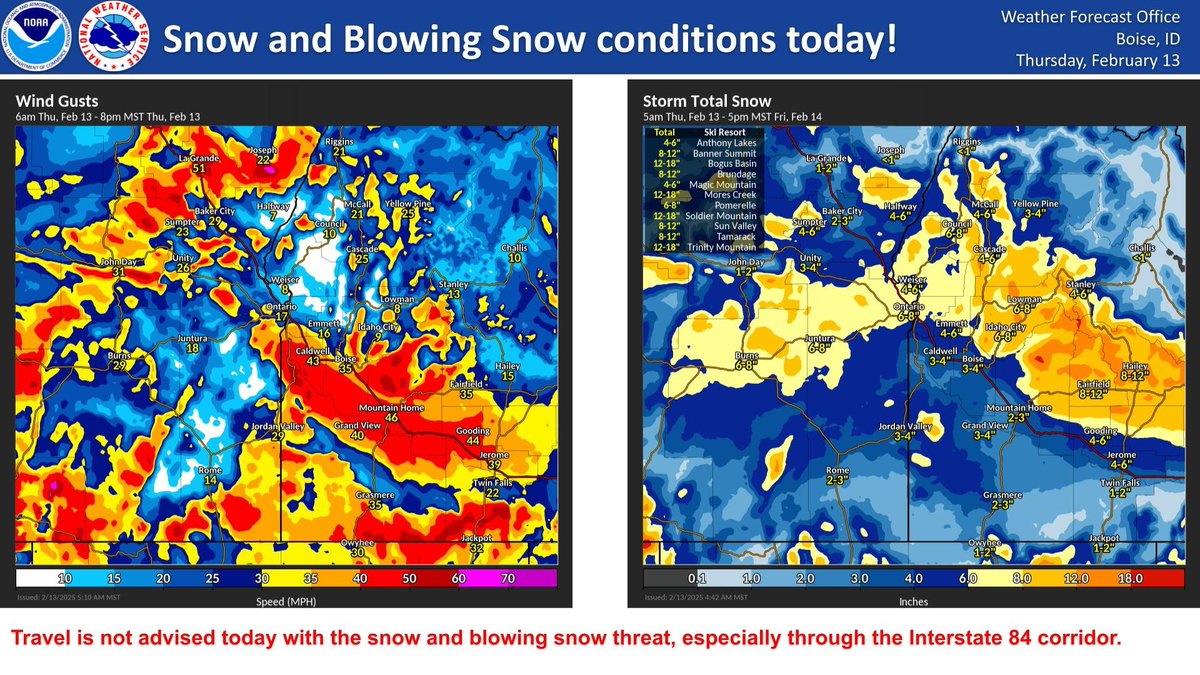 NWSBoise's tweet photo. A winter storm will impact the region today. Windy conditions will cause blowing snow and whiteout conditions in places! Travel is not advised! https://t.co/kfkZgGyvTx