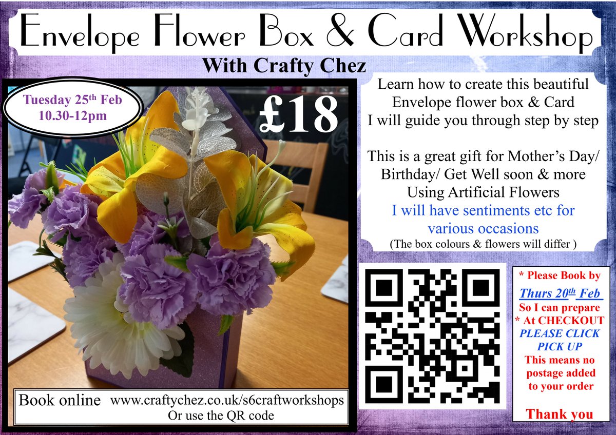 Envelope Flower Box Craft Workshop at the Crafty Cat in Hillsborough, Sheffield craftychez.co.uk/s6craftworksho… Ideal for Mothers Day, Get Well soon, birthday gift 
#sheffield #craftworkshops #sheffieldcraftworkshops #creative #makemothersdaygift