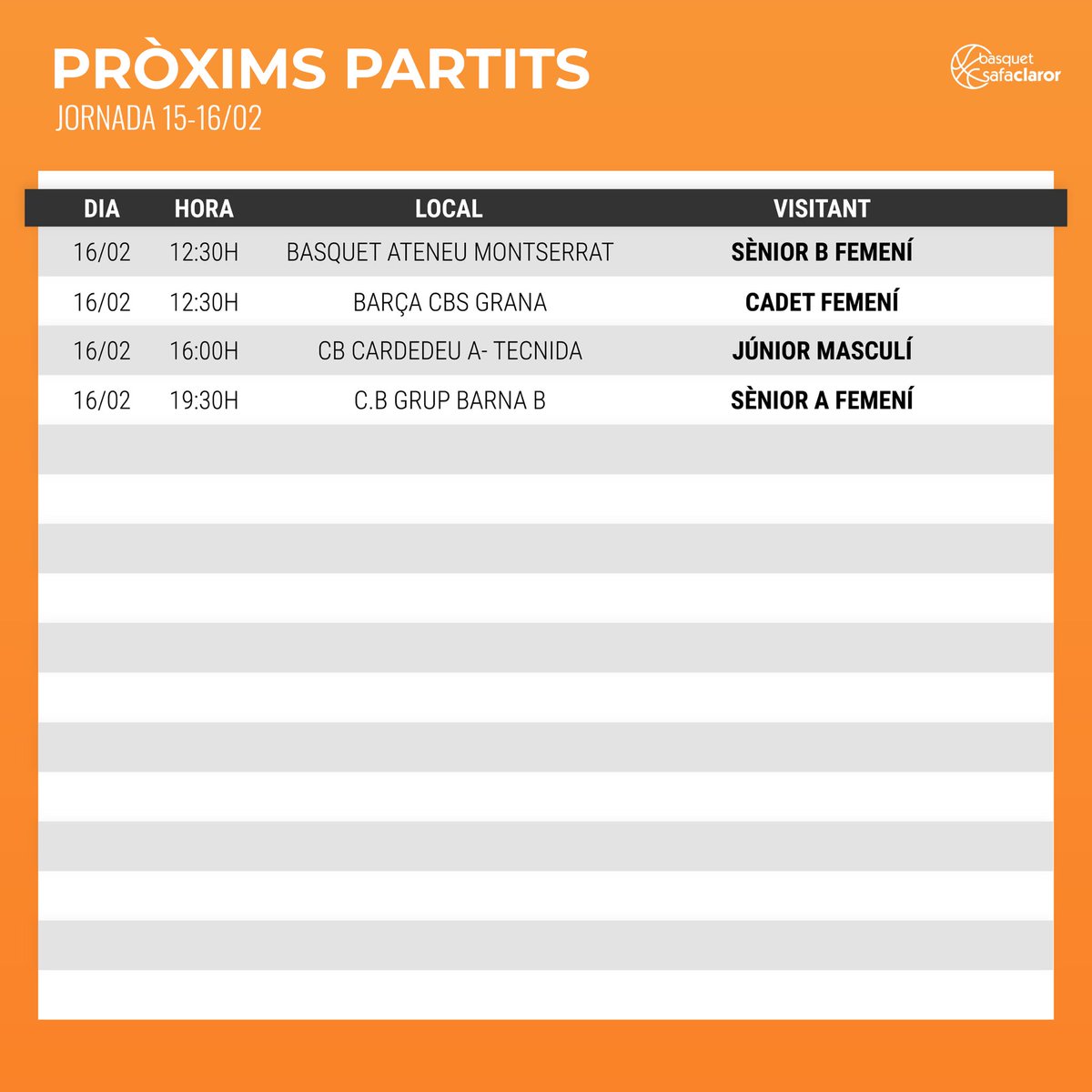 📅 LA JORNADA (15 i 16 de febrer)

#SafaClaror | #ForçaSafa