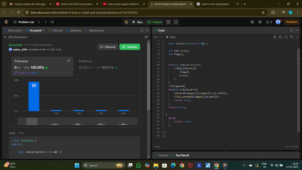 Roshan7065's tweet image. #Day 7/75
✅ Solved three questions of array from striver a2z dsa sheet
✅ Largest and largest in a array(gfg).
✅ Check if array is sorted and rotated (Leetcode).
#codechallenge