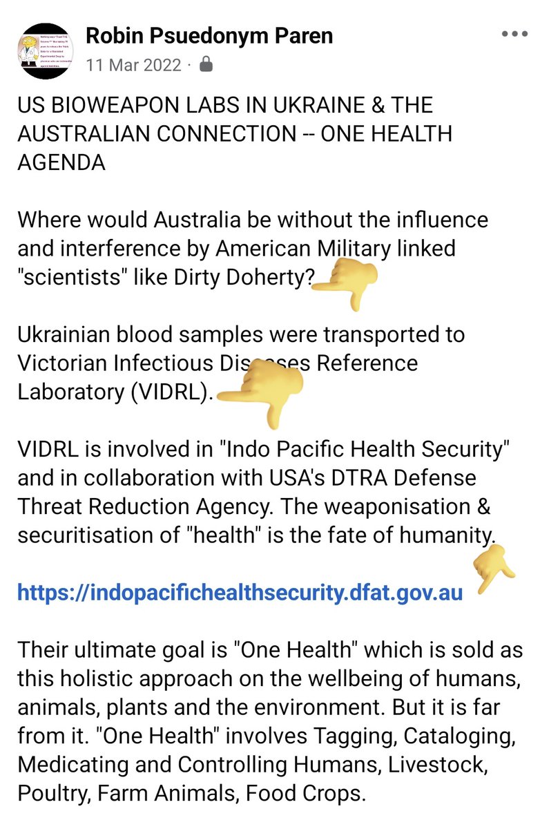 ContactVVR's tweet photo. @ElizabtchTaylor @SenatorRennick I posted about Ukraine Biolab &amp; Australian connection on FB. Screenshots of one of the posts👇.

Dirty Doherty &amp; Victorian Infectious Diseases Reference Laboratory (VIDRL).

@SenatorRennick why were US funded biolabs in Ukraine transporting Ukrainian blood samples to Australia? https://t.co/JwUtalQkAu