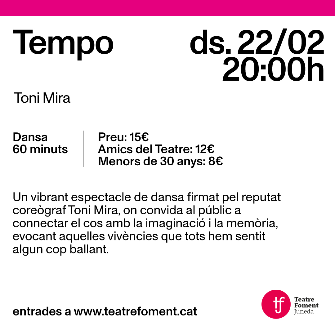 Després de l'exitosa "Oblivion", la dansa torna al Teatre Foment i ho fa de la mà d'un Premi Nacional de Dansa: Toni Mira.🕺🏻

El proper dissabte 22 de febrer a les 20h, el reconegut coreògraf ens convida a connectar amb totes les vegades en que tothom hem ballat alguna vegada.🪩