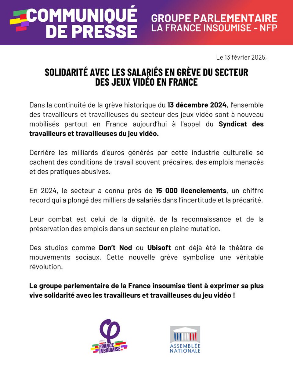 ✊️ Dans la continuité de la grève historique du 13 décembre 2024, l’ensemble des travailleurs et travailleuses du secteur des jeux vidéo sont à nouveau mobilisés partout en France aujourd’hui à l’appel du <a href="/stjv_fr/">Syndicat des Travailleureuses du Jeu Vidéo</a>.

Le Groupe parlementaire de la France insoumise tient à