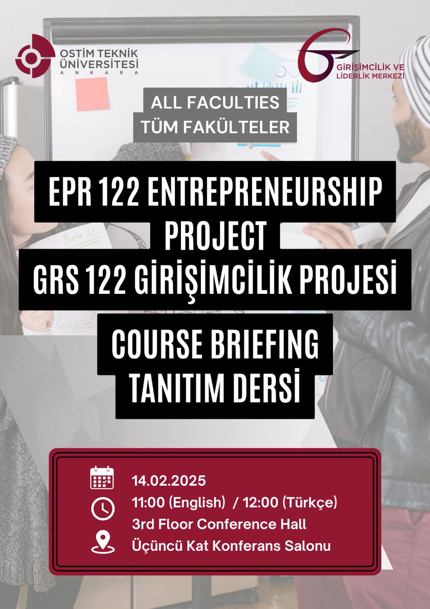 EPR 122 Entrepreneurship Project course briefing meeting will be held on 14.02.2024 at 11:00 (english session) and 12:00 (turkish session) at 3rd floor conference hall.