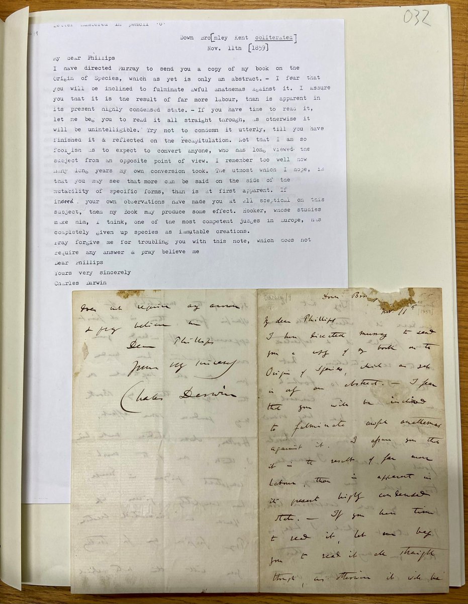 OriginalGCG's tweet image. Happy (belated) birthday to Charles Darwin, the naturalist and geologist who forever changed our understanding of the natural world!🌍

Here's an 1859 letter from Darwin to geologist John Phillips on his upcoming book 'On the Origin of Species', from the @morethanadodo Archives!