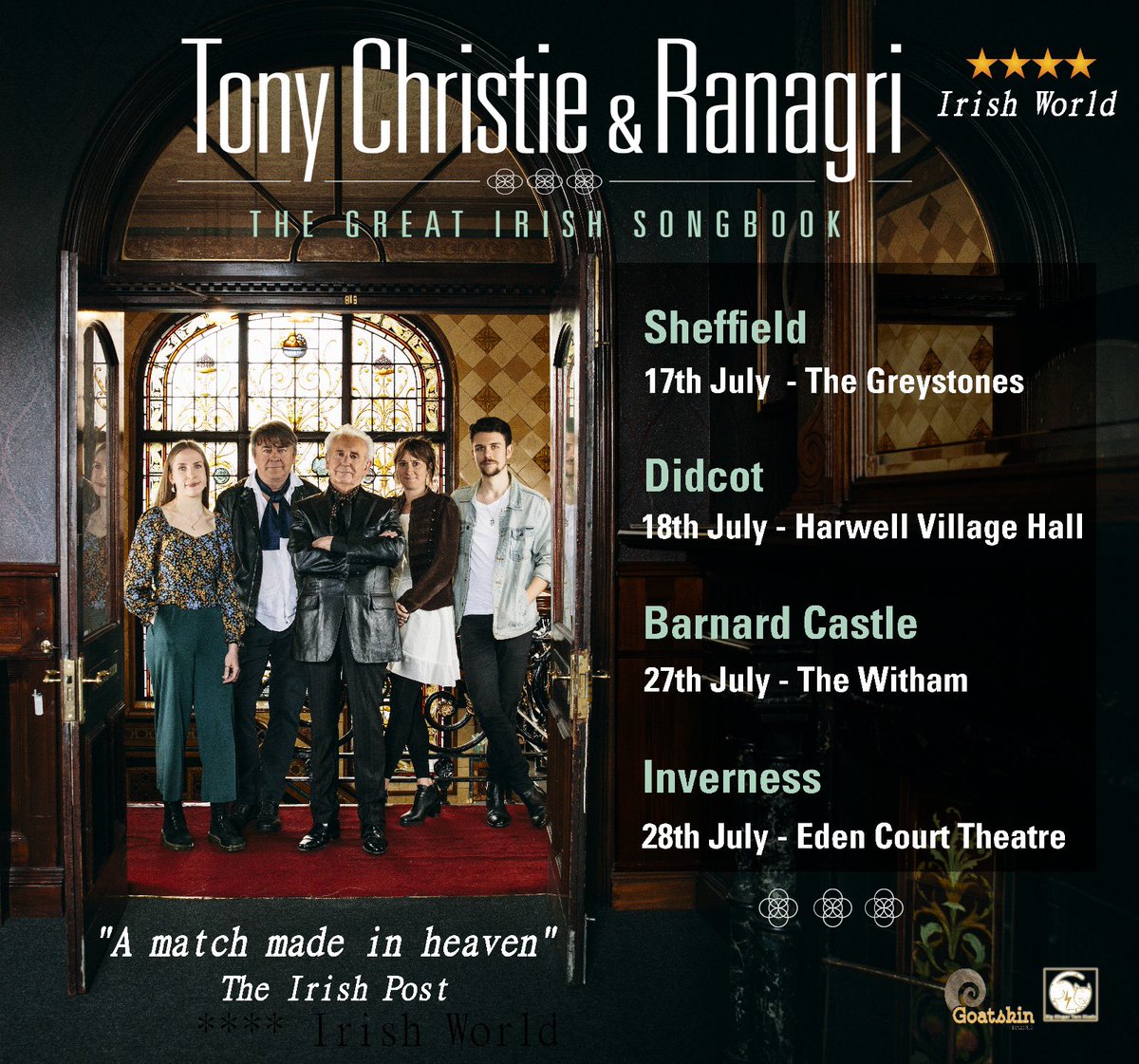 RANAGRI (@ranagri) on Twitter photo 📣 We’re uber thrilled to announce four exclusive gigs with Tony Christie!📍July📍
ranagri.com/tour-dates
17th - <a href="/TheGreystones/">The Greystones</a> - Sheffield
18th - Harwell Village Hall - Didcot
27th - <a href="/BarneyWitham/">The Witham</a> - Barnard Castle (early start) 👓
28th - <a href="/EdenCourt/">Eden Court Highlands</a> Inverness
#SpreadTheWord X 📣 We’re uber thrilled to announce four exclusive gigs with Tony Christie!📍July📍
ranagri.com/tour-dates
17th - <a href="/TheGreystones/">The Greystones</a> - Sheffield
18th - Harwell Village Hall - Didcot
27th - <a href="/BarneyWitham/">The Witham</a> - Barnard Castle (early start) 👓
28th - <a href="/EdenCourt/">Eden Court Highlands</a> Inverness
#SpreadTheWord X
