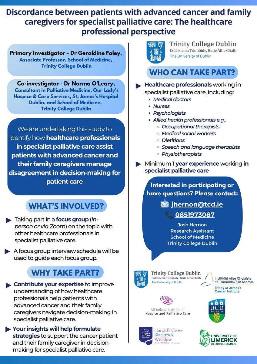 Geraldine Foley (@foleyg31) on Twitter photo Seeking healthcare professionals in specialist palliative care in Ireland for this important study in advanced cancer. We invite you to participate <a href="/AIIHPC/">All Ireland Institute of Hospice & Palliative Care</a> <a href="/palliativeire/">Irish Association for Palliative Care</a> <a href="/IrishHospice/">Irish Hospice Foundation</a> <a href="/CancerInstIRE/">Trinity St James's Cancer Institute</a> <a href="/WeHSCPs/">National HSCP Office, HSE</a> <a href="/suzie_guerin/">Suzie Guerin</a> <a href="/john_c_lombard/">John Lombard</a> <a href="/SFHDublin/">St. Francis Hospice</a> <a href="/MilfordLmkCC/">Milford Care Centre</a> <a href="/marymountcork/">Marymount Hospice</a> Seeking healthcare professionals in specialist palliative care in Ireland for this important study in advanced cancer. We invite you to participate <a href="/AIIHPC/">All Ireland Institute of Hospice & Palliative Care</a> <a href="/palliativeire/">Irish Association for Palliative Care</a> <a href="/IrishHospice/">Irish Hospice Foundation</a> <a href="/CancerInstIRE/">Trinity St James's Cancer Institute</a> <a href="/WeHSCPs/">National HSCP Office, HSE</a> <a href="/suzie_guerin/">Suzie Guerin</a> <a href="/john_c_lombard/">John Lombard</a> <a href="/SFHDublin/">St. Francis Hospice</a> <a href="/MilfordLmkCC/">Milford Care Centre</a> <a href="/marymountcork/">Marymount Hospice</a>
