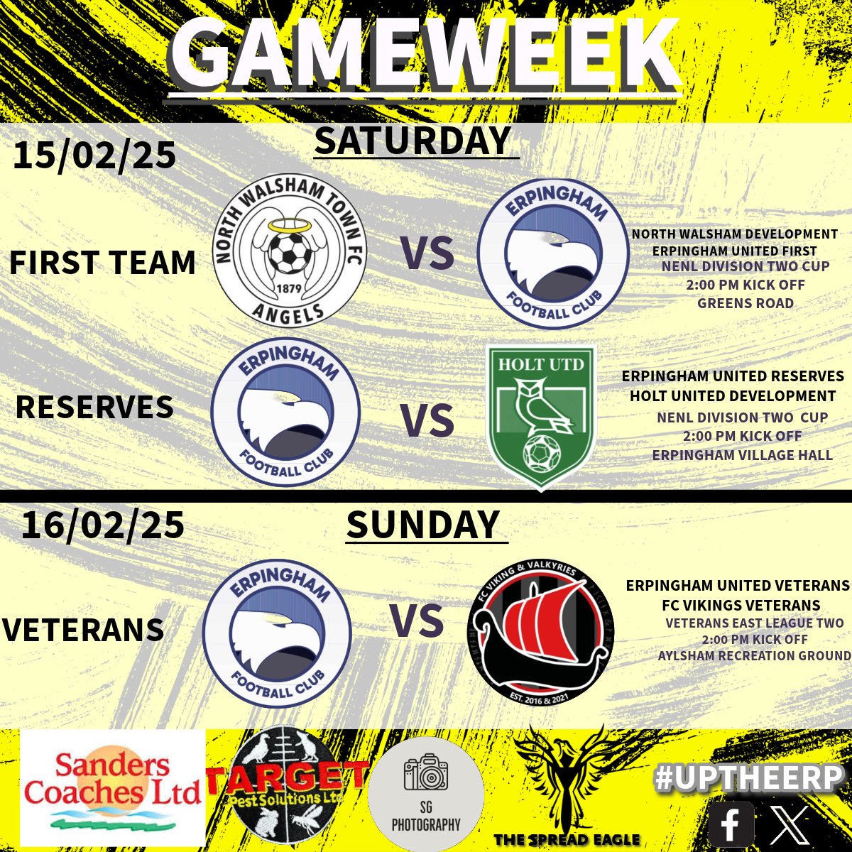 Erpingham United (@erpinghamfc) on Twitter photo All three teams are in action this weekend.
The first team travels away against <a href="/northwalshamtfc/">North Walsham Town Football Club</a> Development.
The Reserves welcomes <a href="/HoltUnitedFC/">Holt United</a> Development.
The veterans welcomes <a href="/VikingValkyries/">FC Viking & Valkyries 🏴</a> Veterans.
Come and Support 💛🖤
#UTE All three teams are in action this weekend.
The first team travels away against <a href="/northwalshamtfc/">North Walsham Town Football Club</a> Development.
The Reserves welcomes <a href="/HoltUnitedFC/">Holt United</a> Development.
The veterans welcomes <a href="/VikingValkyries/">FC Viking & Valkyries 🏴</a> Veterans.
Come and Support 💛🖤
#UTE
