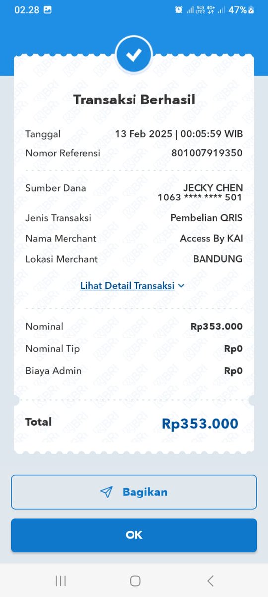 alfonsusbrm's tweet photo. @KAI121 halo min, saya sudah melakukan pembayaran menggunakan BRI mobile, ada bukti pembayaran, tapi tiket tidak masuk pada akun saya. Mohon ditindak lanjutti https://t.co/tsgpRxb6pv