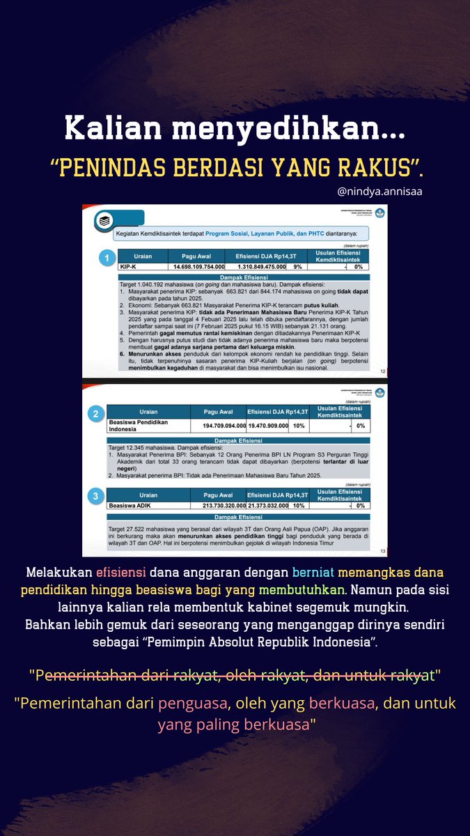 Cindrugrella's tweet photo. Hai semuanya, aku tau akunku akun kecil. TAPI TOLONG NOTICE INI KALAU LEWAT DI TIMELINE KALIAN ‼️‼️‼️

Mari kita satukan suara kita di semua platform! 

#DaruratPendidikan #SaveKIPKuliah #AnggaranBijakUntukRakyat 

Aku sudah membuat template Instagram, gunakan dengan bijak. Reply https://t.co/4jYNX5z0TI