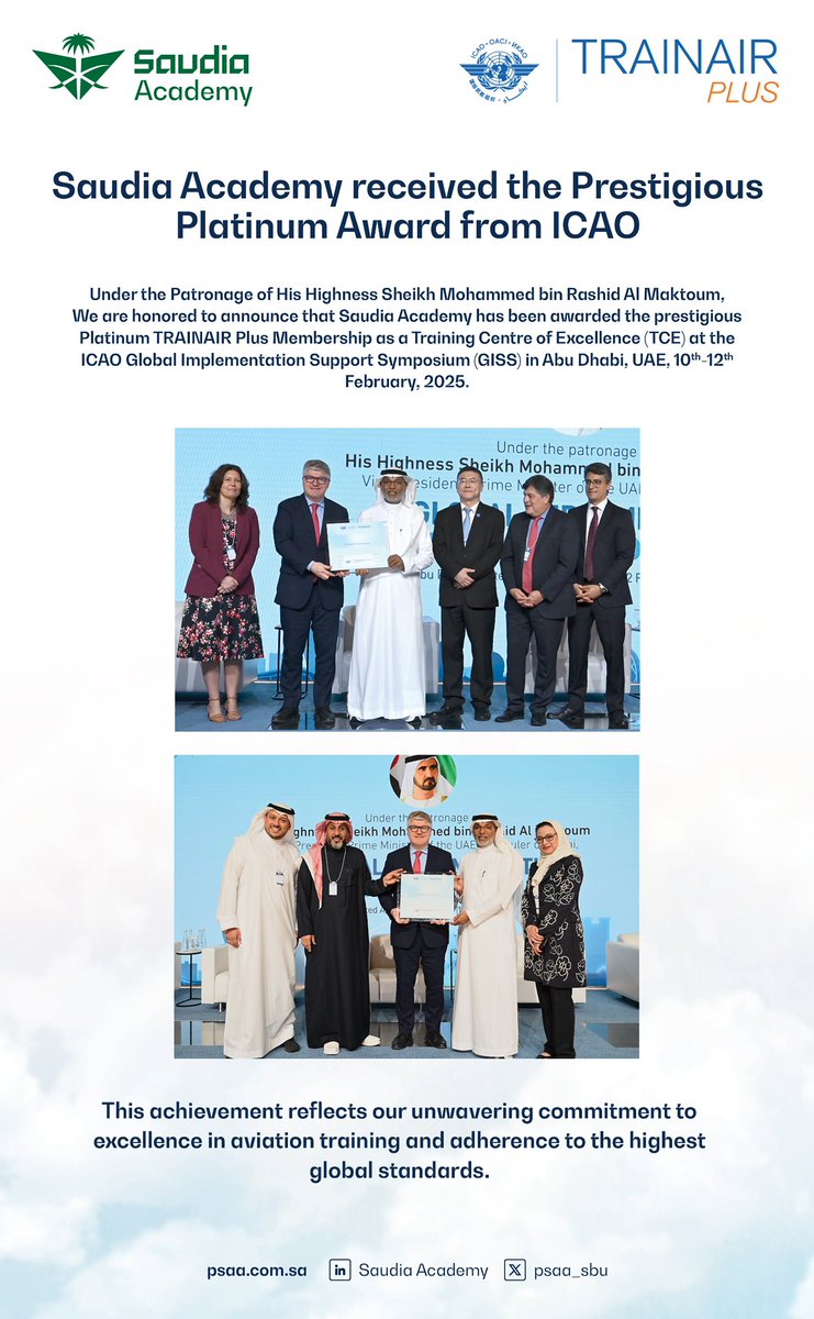 Saudia Academy proudly receives ICAO’s prestigious Platinum TRAINAIR Plus Membership, reaffirming our excellence in global aviation training! 
#Saudiaacademy #AviationExcellence
#ICAO