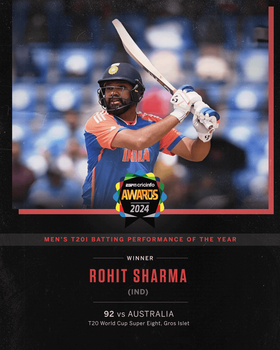 cricinfo's tweet photo. Rohit Sharma came into the match with history heavy on his shoulders. He batted like none of it mattered.

The men's T20I batting performance of 2024: https://t.co/j4s2H8WKcp #ESPNcricinfoAwards https://t.co/76G5o9GbZR
