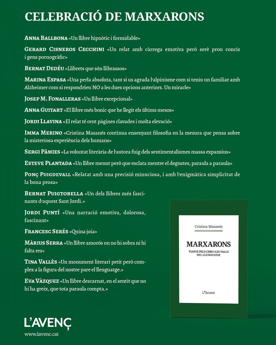 💚 Avui aquest petit gran llibre ha estat distingit amb el Premi Ciutat de Barcelona de Literatura en Llengua Catalana

Cristina Masanés ha fet a MARXARONS una filigrana literària sobre el llenguatge, la muntanya, les cures i l’amor

Ho celebrem amb ella amb agraïment infinit 💚
