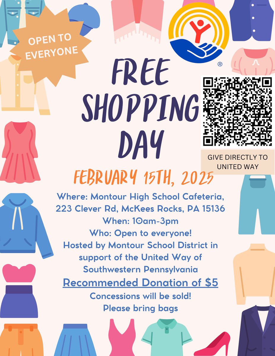 Montour High School (@hilltopspartan) on Twitter photo The Free Shopping Day to support those in need within the Montour Community and all those supported by the <a href="/unitedwaySWPA/">United Way SW PA</a> is Saturday from 10 AM - 3 PM in the High School Cafeteria! You can also give directly to the <a href="/unitedwaySWPA/">United Way SW PA</a> via the QR code below! TY for your support! The Free Shopping Day to support those in need within the Montour Community and all those supported by the <a href="/unitedwaySWPA/">United Way SW PA</a> is Saturday from 10 AM - 3 PM in the High School Cafeteria! You can also give directly to the <a href="/unitedwaySWPA/">United Way SW PA</a> via the QR code below! TY for your support!