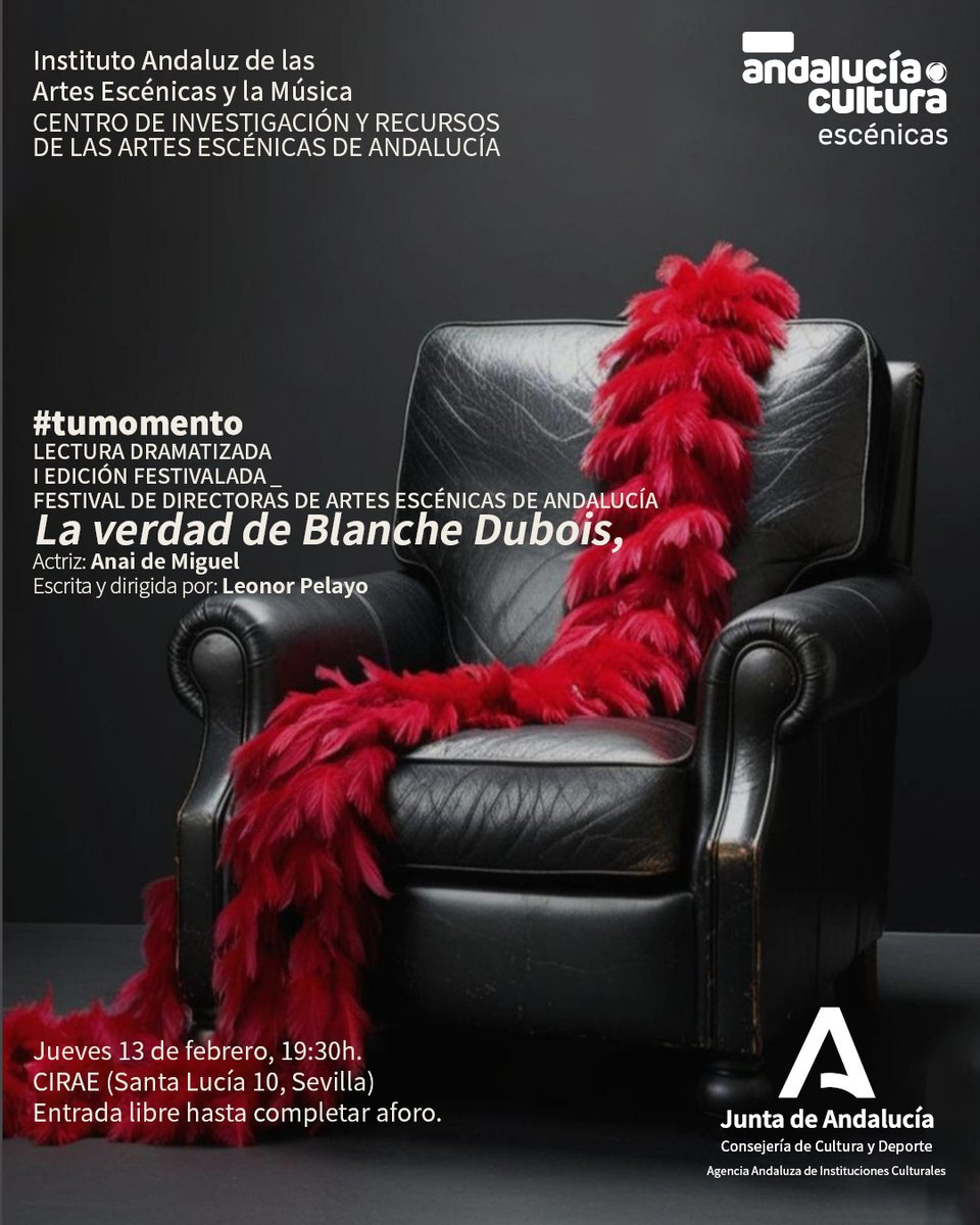 CulturaCuenta's tweet photo. El #CIRAE acoge esta tarde, dentro de #Festivalada, una🎭lectura dramatizada 'La verdad de Blanche Dubois', de la mano de la actriz Anai de Miguel y escrita y dirigida por Leonor Pelayo.

https://t.co/KPaZWsGsLm

@CulturaAND @JuntaSevilla @SevillaOcio @Mas_Escena @sevilla_secreta https://t.co/qfHhVUdtsz