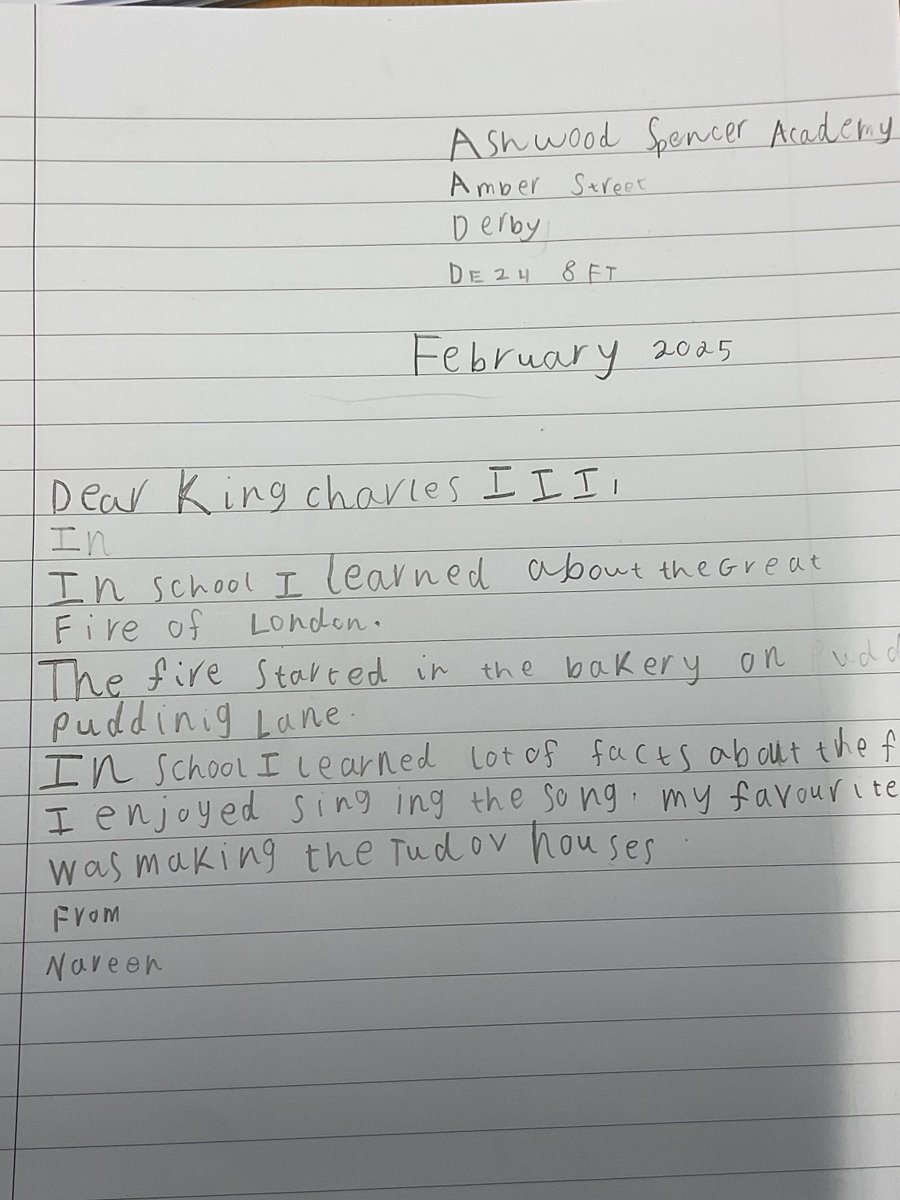 Team Pride have been working very hard on their letters to King Charles <a href="/RoyalFamily/">The Royal Family</a> .  They've been learning all about the Great Fire of London.
.
<a href="/satrust_/">Spencer Academies Trust</a> <a href="/educationgovuk/">Department for Education</a> #greatfireoflondon #EducationMatters