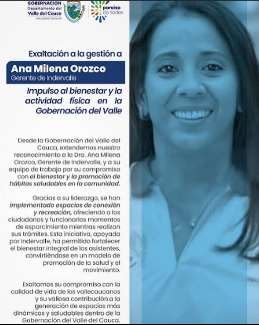 Indervalle (@indervalle) on Twitter photo Una gerente de CALIDAD 🤩
<a href="/GobValle/">Gobernación Valle del Cauca</a> exalta a la gerente de Indervalle <a href="/amoc4/">ana milena orozco</a> y a todo su equipo de trabajo de la entidad, por su compromiso con el bienestar y la promoción de hábitos saludables en la comunidad. Una gerente de CALIDAD 🤩
<a href="/GobValle/">Gobernación Valle del Cauca</a> exalta a la gerente de Indervalle <a href="/amoc4/">ana milena orozco</a> y a todo su equipo de trabajo de la entidad, por su compromiso con el bienestar y la promoción de hábitos saludables en la comunidad.