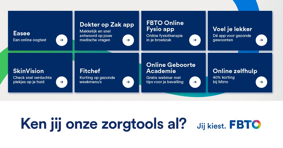 Aan de slag met gezondheid? Met je FBTO #Zorgverzekering kun je gebruikmaken van #zorgtools. Dat zijn apps of sites met tips &amp; oefeningen. Soms betaal je niks, soms krijg je korting. Ontdek ze allemaal: bit.ly/zorgtools