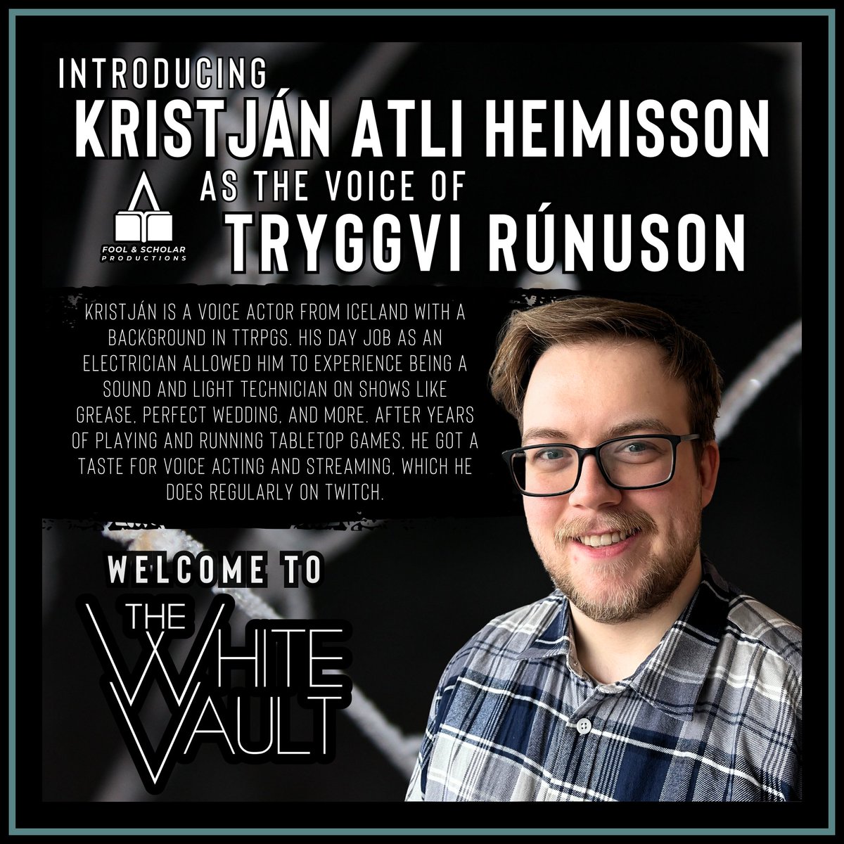We’d like you to meet Kristján Atli Heimisson! Kristján is the voice of Sidja Group rep and family member Tryggvi Rúnuson. We so enjoy working with Kristján and hearing him bring Tryggvi to our headphones! Thank you, Kristján! #AudioFiction #AudioDrama #VoiceActing #HorrorPodcast