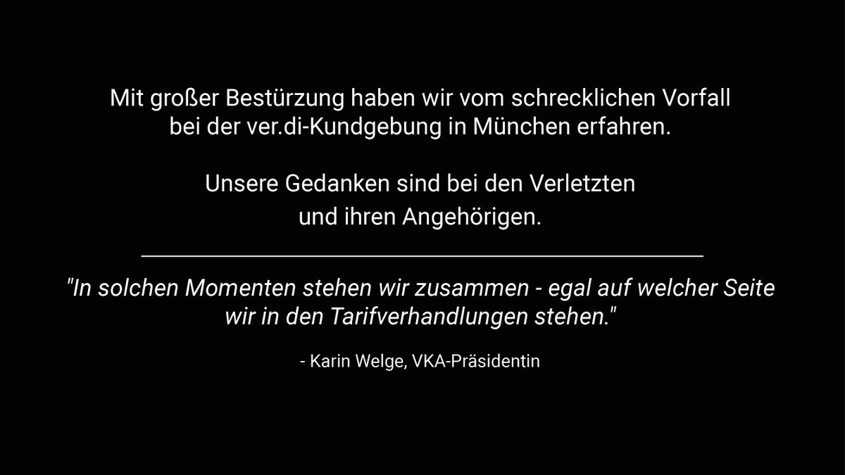 Mit großer Bestürzung haben wir vom Vorfall bei der ver.di-Kundgebung in München erfahren. Unsere Gedanken sind bei den Verletzten und ihren Angehörigen. VKA-Präsidentin Welge: "In solchen Momenten stehen wir zusammen." #verdi #münchen #bayern