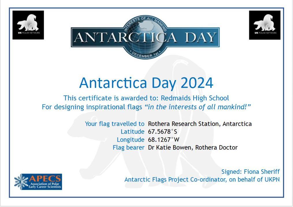 Redmaids' High School GDST (@redmaidshigh) on Twitter photo Our flag is in Antarctica! 🇦🇶✨
Poppy (Year 8) won our #DesignAFlag competition, and her flag was displayed at Rothera Research Station, held by Antarctic scientist Dr Bowen! 🏔️
Thanks to <a href="/UKPolarNetwork/">UK Polar Network</a> for this amazing initiative! 💙🌍 #AntarcticaDay #RedmaidsHigh Our flag is in Antarctica! 🇦🇶✨
Poppy (Year 8) won our #DesignAFlag competition, and her flag was displayed at Rothera Research Station, held by Antarctic scientist Dr Bowen! 🏔️
Thanks to <a href="/UKPolarNetwork/">UK Polar Network</a> for this amazing initiative! 💙🌍 #AntarcticaDay #RedmaidsHigh