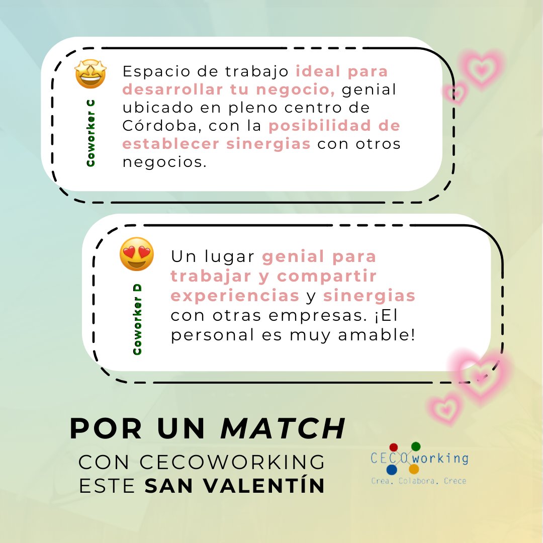 💘Hay mucho amor en cada reseña que nos dejan. Lo sabemos bien.

Por eso, este 14 de febrero queremos que te enamores de nuestros espacios de trabajo y de todo lo que podemos ofrecerte en #CECOworking💕

¿Te atreves a hacer match? 
📲 957 961 041 | 675 045 062