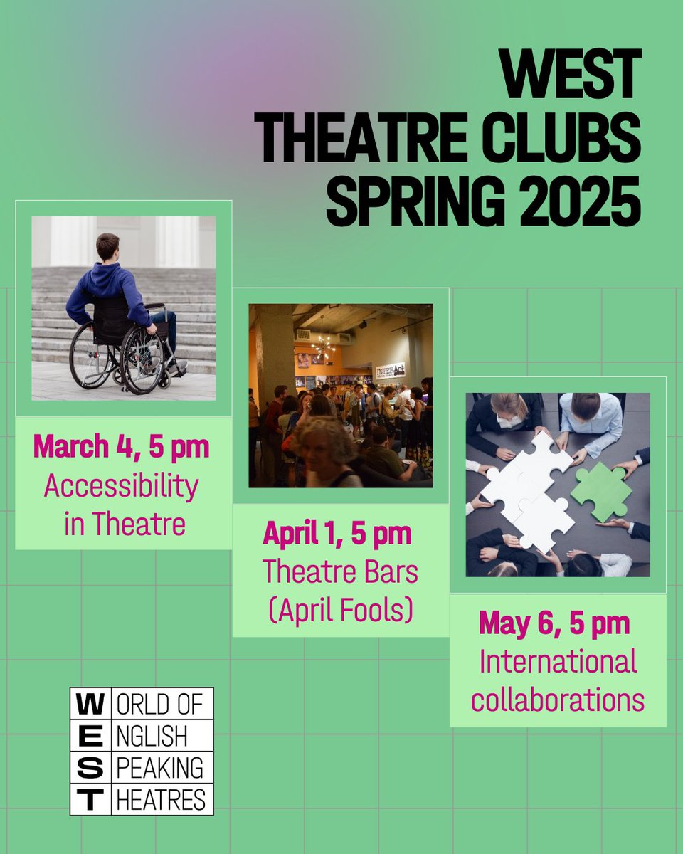 WEST Theatre Clubs in Spring 2025!

March 4, 5 pm (GMT+2): Accessibility in Theatre
April 1, 5 pm (GMT+3): Theatre Bars (Theatre Atmosphere)
May 6, 5 pm (GMT+3): International Collaborations

Register and join: forms.gle/2duKgEtgbdnpeB…
