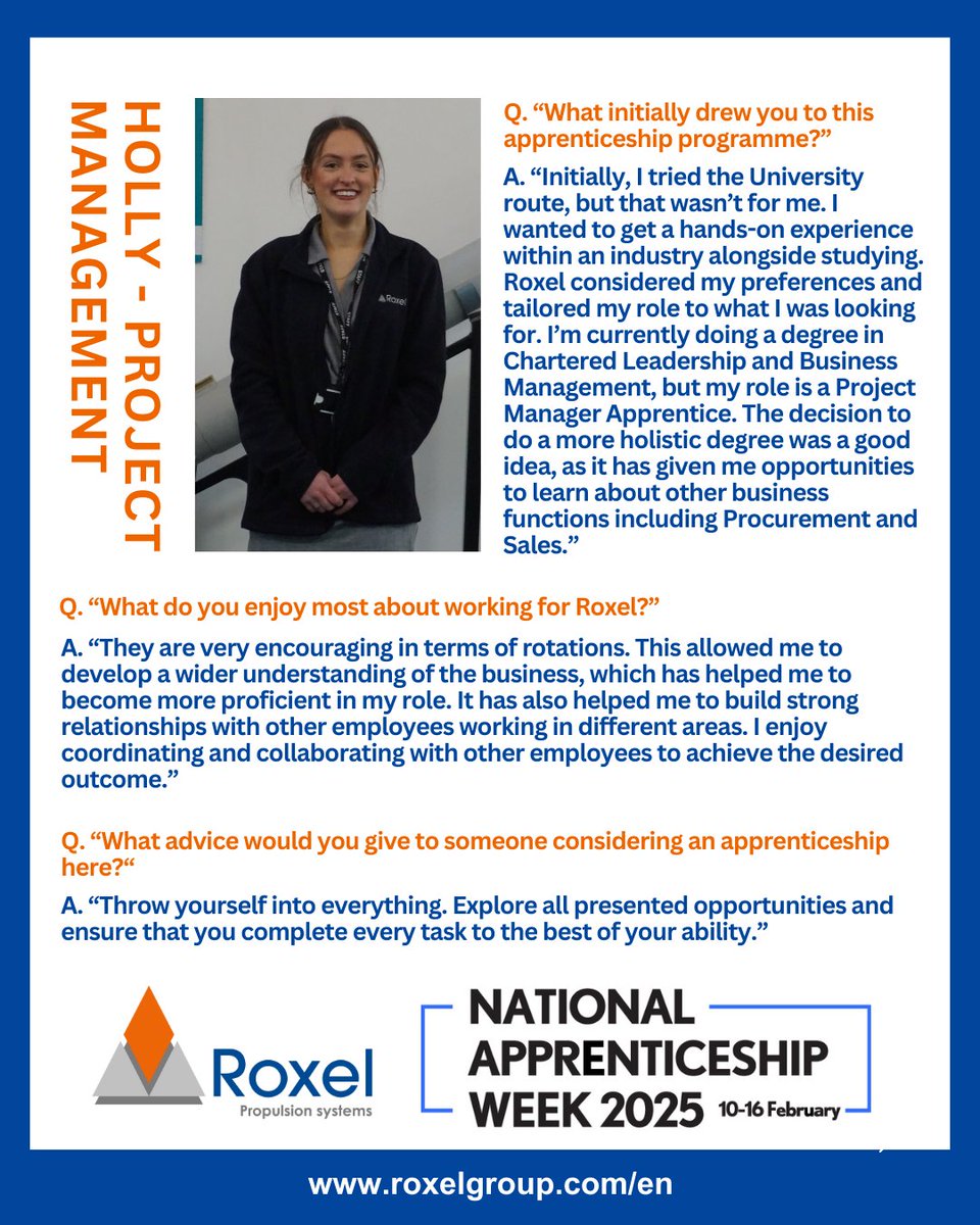 Today for #NAW2025 we will share two stories from our Business Apprentices, Holly and Dan. First is Holly, she is pursuing a degree in Chartered Leadership and Business Management. Her role at Roxel UK is as a Project Manager Apprentice. Read her story below.

#SkillsForLife