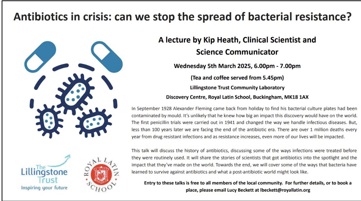 Our next Lillingstone Lecture takes place on Wednesday 5th March, 6pm - 'Antibiotics in crisis: can we stop the spread of bacterial resistance', by clinical scientist Kip Heath. Find out more and book your seat at: royallatin.org/lillingstone-l…