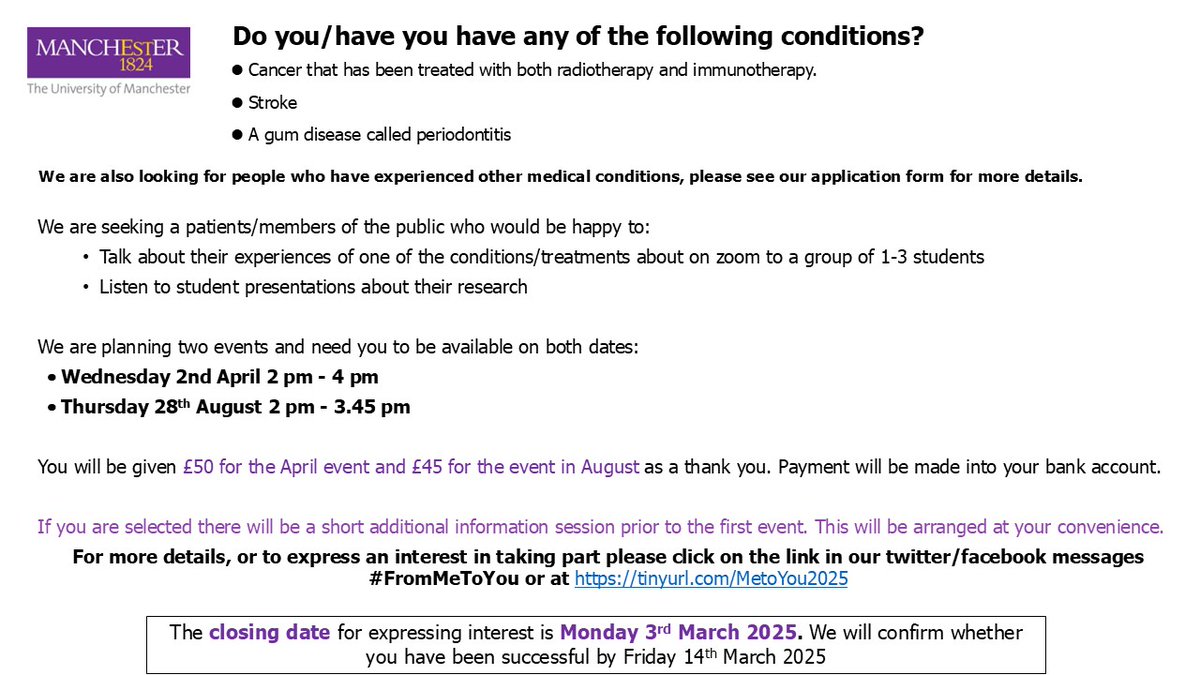 LindseyBwork's tweet image. Please RT. If you have been treated for cancer with both radiotherapy and immunotherapy, and would be willing to tell 1-3 masters level students about your experiences of this on zoom - See below and visit tinyurl.com/MetoYou2025 for more information and to apply. #FromMeToYou