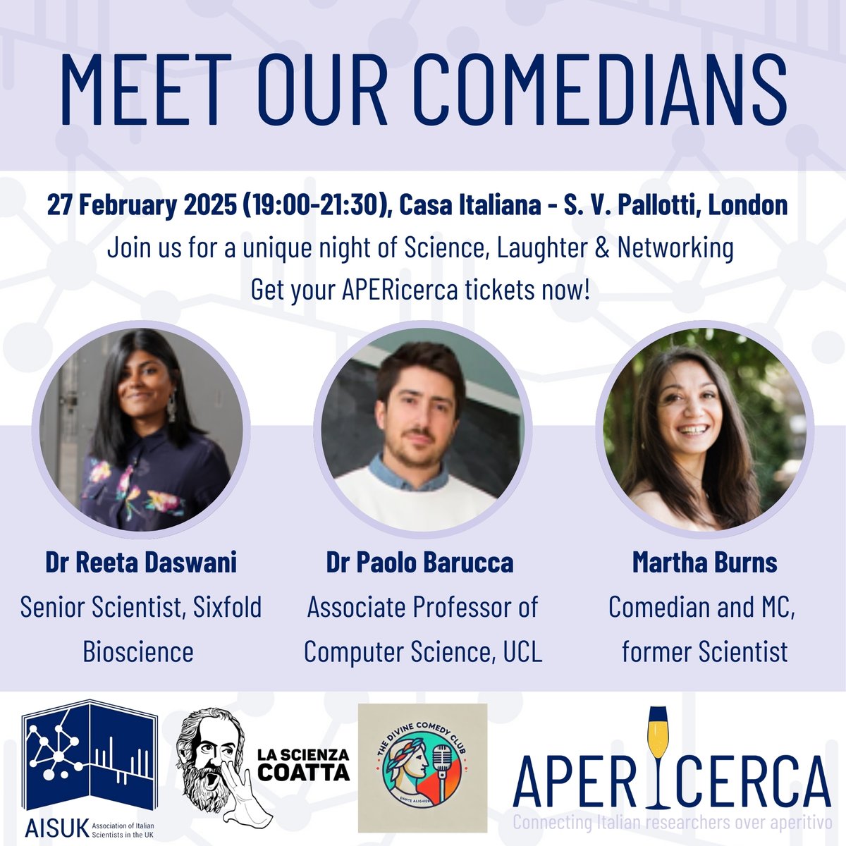 AISUK Association of Italian Scientists in the UK (@aisuk_info) on Twitter photo 🍷Get ready for a blast at the next APERicerca on 27 Feb at <a href="/casaitalianaUK/">Casa Italiana S. Vincenzo Pallotti</a>!
👩🔬Our scientists AND comedians will share their projects, discoveries, and London-life struggles, all in one night! <a href="/ScienzaCoatta/">La Scienza Coatta</a>
🎟️Tickets are selling fast! Grab yours now:
eventbrite.co.uk/e/apericerca-t… 🍷Get ready for a blast at the next APERicerca on 27 Feb at <a href="/casaitalianaUK/">Casa Italiana S. Vincenzo Pallotti</a>!
👩🔬Our scientists AND comedians will share their projects, discoveries, and London-life struggles, all in one night! <a href="/ScienzaCoatta/">La Scienza Coatta</a>
🎟️Tickets are selling fast! Grab yours now:
eventbrite.co.uk/e/apericerca-t…