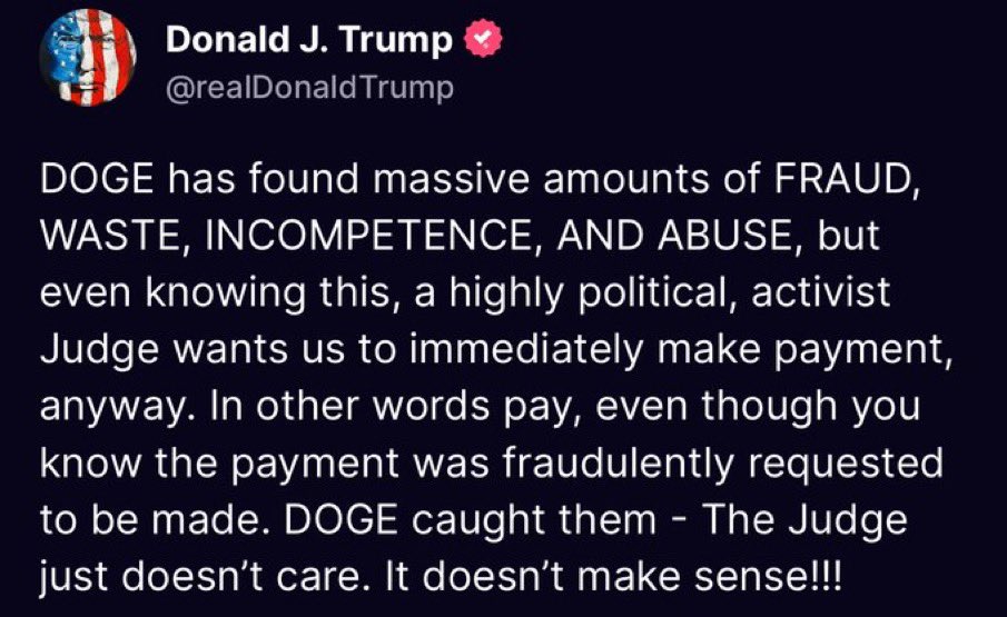 BeenewsdailyB's tweet photo. #DOGEBite Pres Trump’s statement about judges — ordering fraud and abuse payments. https://t.co/hWYn37ehiw