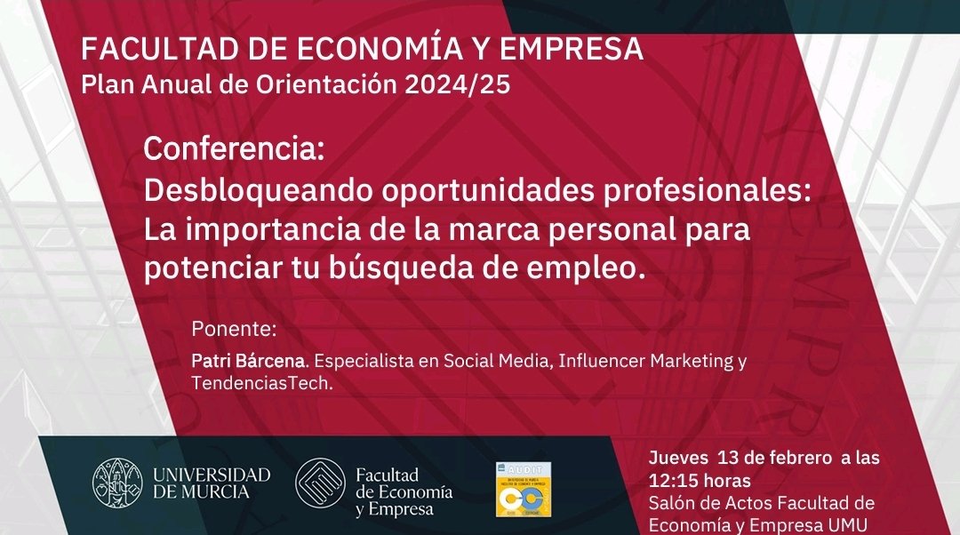 Comenzamos la conferencia: "Desbloqueando oportunidades profesionales: La importancia de la marca personal para potenciar tu búsqueda de empleo"

Ponente: Patri Bárcena.  Influencer Marketing y Tendencias Tech. 

Actividad Plan Anual Orientación FEE UMU