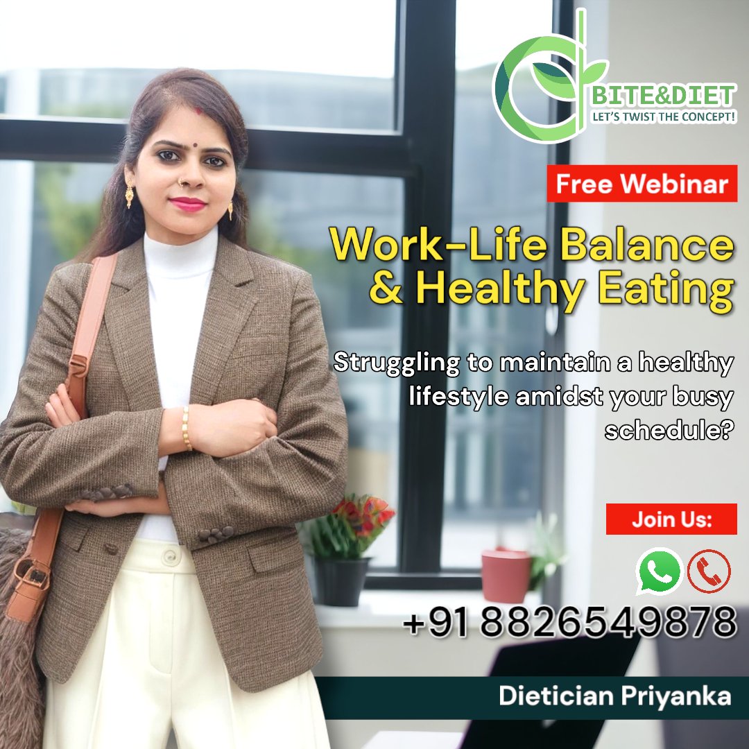 Biteandiet's tweet photo. I'm hosting a free webinar on Healthy Eating &amp; Work-Life Balance to help you stay fit despite a busy lifestyle.

Interested?

📞 Call: +91-8826549878  
 
🌐 Visit: https://t.co/LpjiM7DquV
.
.
.
.
.
#BiteAndDiet #DieticianPriyanka #बाइटएंडडाइट https://t.co/7sZbEmy7i2