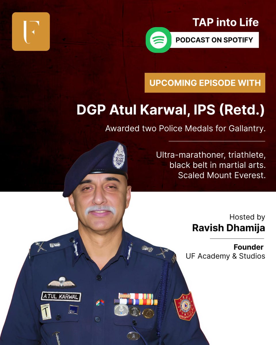 ufaslive's tweet photo. Exciting guest on TAP into Life!

DGP Atul Karwal, IPS (Retd.)—ultra-marathoner, triathlete &amp; Everest summiteer—joins us to talk about mindset, discipline &amp; resilience.

Coming soon on Spotify! What would you ask him?

#Podcast #Leadership #Resilience #Mindset #TAPintoLife https://t.co/8tZRGMHVzN