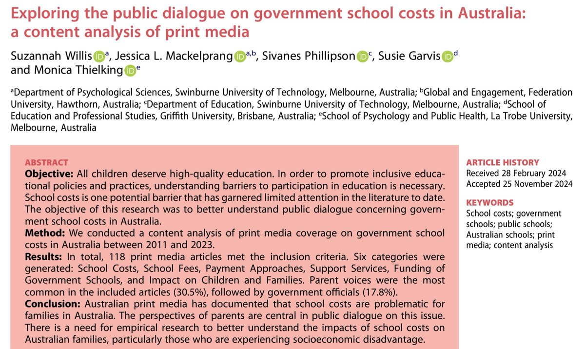 JLMackelprang's tweet image. As school comes into full swing in Australia, many families are confronted with very real costs in our "free" education system. In this content analysis, our student Suzie Willis explores the media dialogue on this important topic.
Download a free eprint: tandfonline.com/eprint/EU6WKPQ…