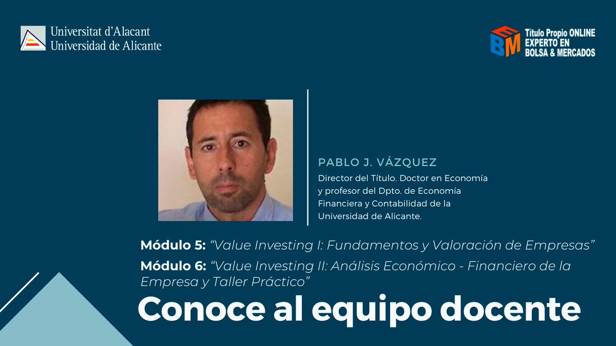 🎯 ¡Finalizados también los Módulos 5 y 6 del Experto Online en Bolsa y Mercados Financieros de la Universidad de Alicante!
📈 Módulo 5: Value Investing I: Fundamentos y Valoración de Empresas
🔹 Principios del Value Investing.
🔹 Análisis de balances y estados financieros.
🔹 El