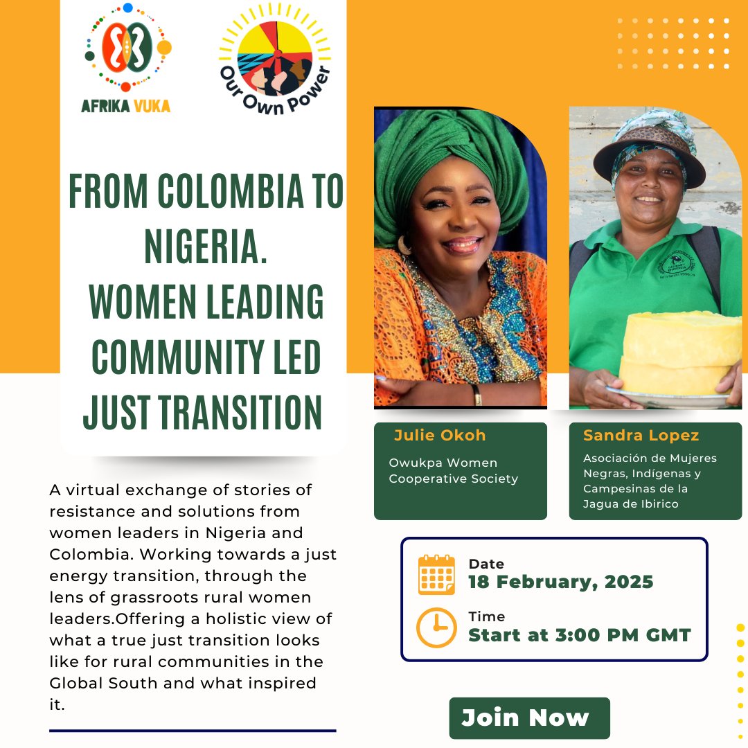 🚨Join us!🚨the #AfrikaVuka &amp; Our Own Power network are hosting the South-to-South Network Solidarity Webinars!

First stop: Nigeria &amp; Colombia – Stories of women leading the just energy transition.
📅 Feb 18, 2025 | ⏰ 3PM GMT
🔗 Register:to.350.org/AV-Webinar
#JustTransition