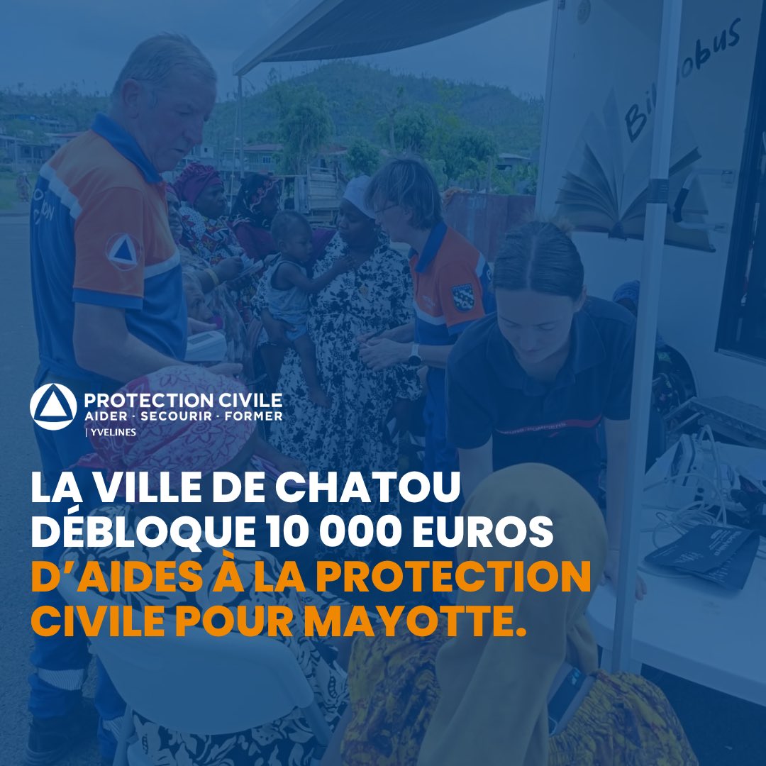 Un immense merci à la <a href="/VilledeChatou/">Ville de Chatou</a> 
Grâce à leur don de 10000€, la Protection civile pourra renforcer ses actions solidaires à Mayotte. Ce soutien précieux nous permet d'apporter aide et secours aux populations en difficulté. 

Ensemble sauvons des vies! 
#Solidarité