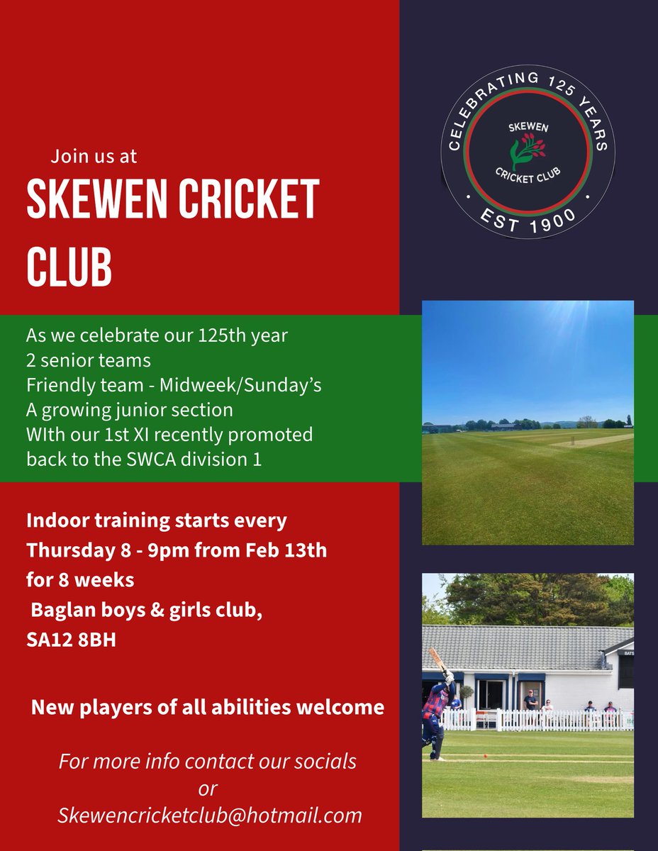 🏏 senior nets start this evening  8 - 9pm 🏏

📍 Baglan boys &amp; girls club, SA12 8BH