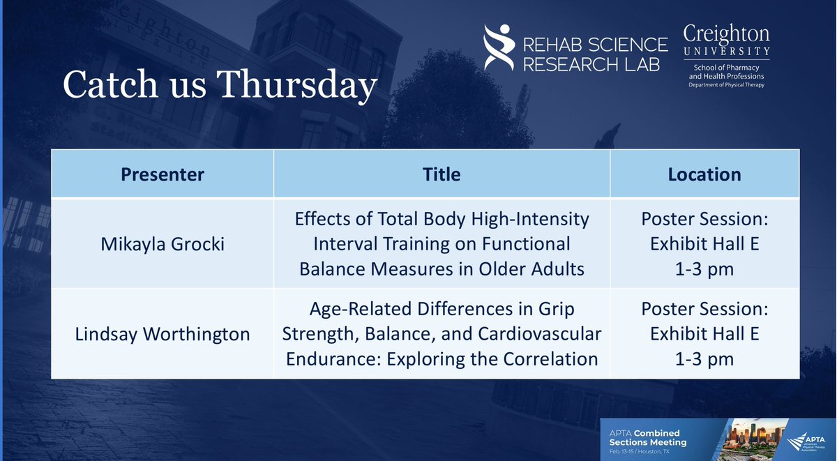 Creighton DPT (@creighton_dpt) on Twitter photo It's <a href="/APTA_official/">American Physical Therapy Association (APTA)</a> CSM Week! We have many <a href="/Creighton/">Creighton University</a> faculty, students, and residents presenting this week. Here is the line up for Thursday, February 13. <a href="/CreightonSPAHP/">Creighton Pharmacy and Health Professions</a> <a href="/CreightonRehab/">Creighton Rehab Science Research Lab</a> It's <a href="/APTA_official/">American Physical Therapy Association (APTA)</a> CSM Week! We have many <a href="/Creighton/">Creighton University</a> faculty, students, and residents presenting this week. Here is the line up for Thursday, February 13. <a href="/CreightonSPAHP/">Creighton Pharmacy and Health Professions</a> <a href="/CreightonRehab/">Creighton Rehab Science Research Lab</a>