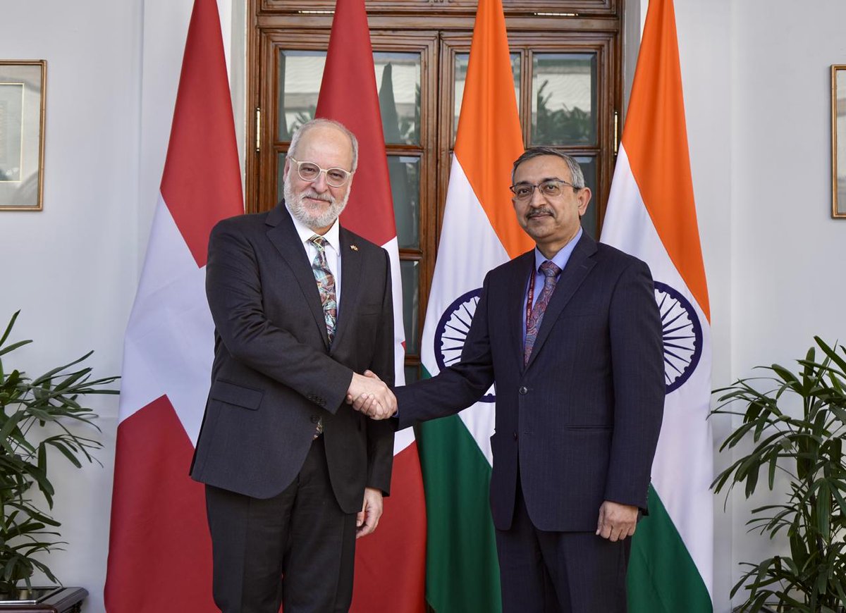MEAIndia's tweet photo. Partnership for impact 🇮🇳 🇨🇭 

India-Switzerland Foreign Office Consultations co-chaired by Secy West @Tanmaya_Lal & State Secy @SwissMFAStatSec .

Collaboration in Innovation, Technology, Sustainability, Digitization, Mobility, and more.

India-EFTA TEPA to drive trade & investment.
